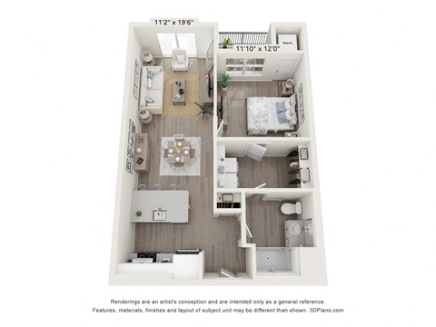 Floor plan for 1 bed, 1 bath, 716 sqft